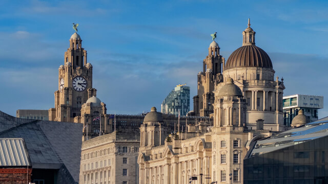 A view across Liverpool from the docks, featuring the Royal Liver Buildinds